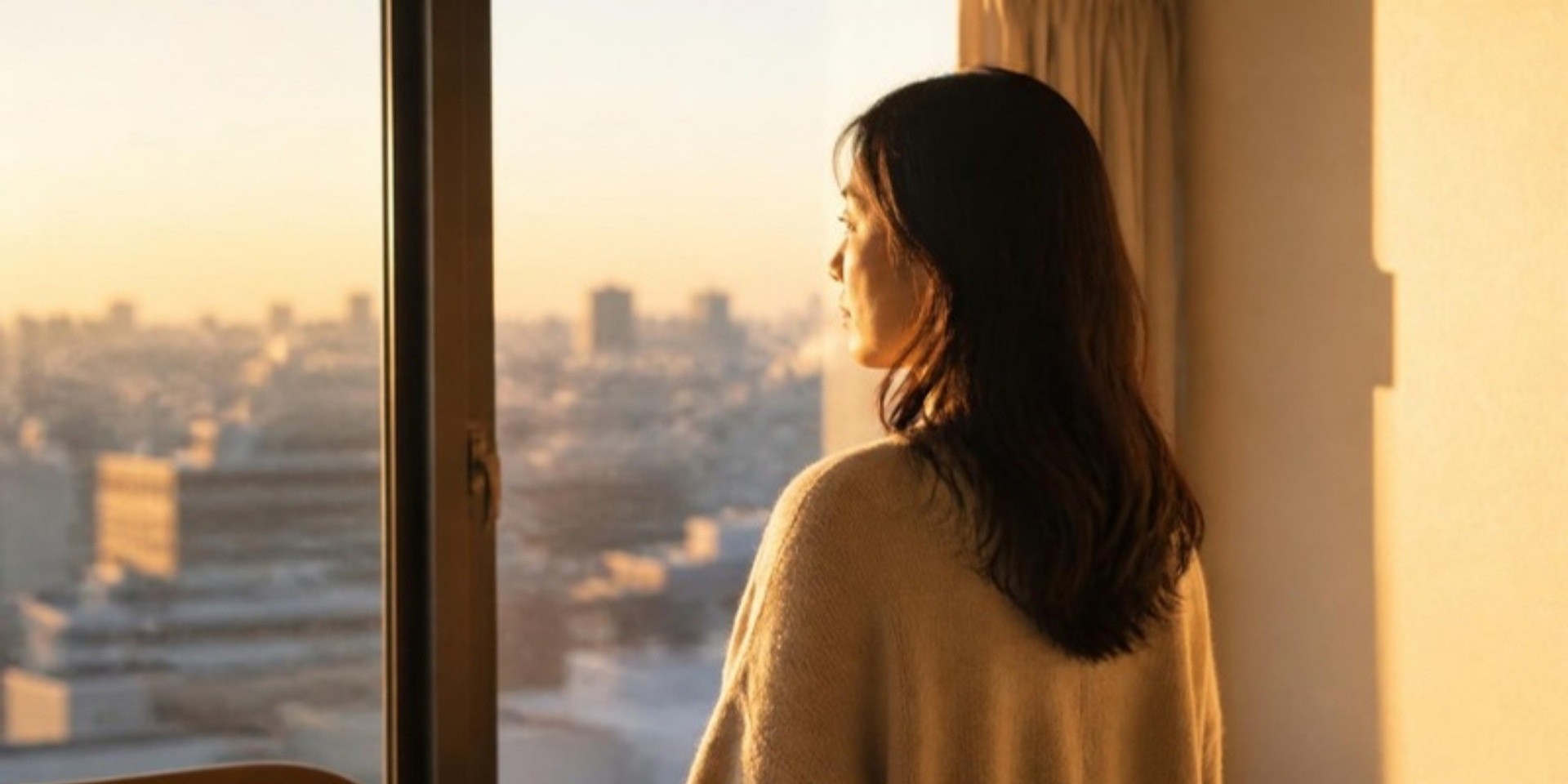 夕方の窓辺で外を眺める女性の後ろ姿、暖色の斜光
